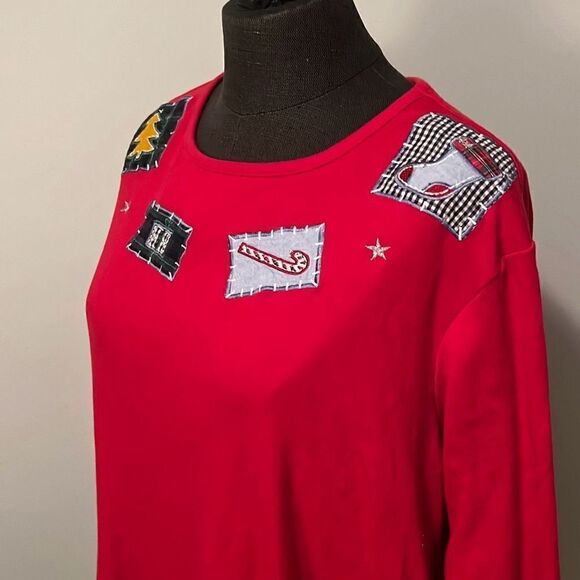 Boobie Brooks Women's Red Christmas Holiday Patches Top Long Sleeve 14W/16W - Picture 3 of 7